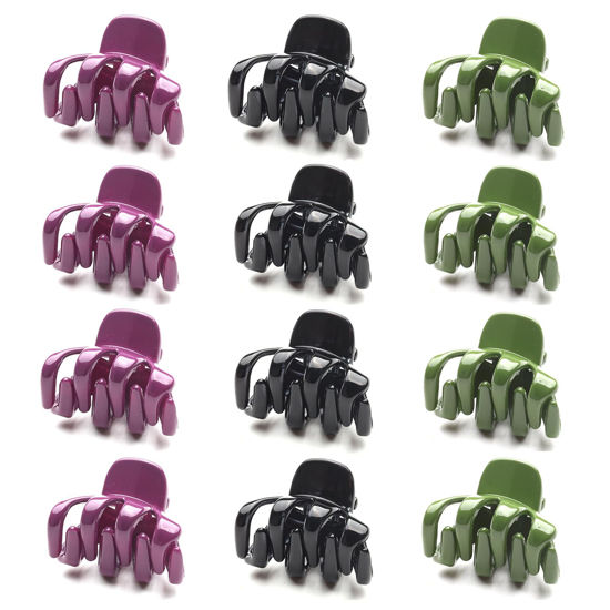 Picture of Cobahom 12 Pack Small Hair Claw Clips 1.2 Inch Plastic Hair Clips for Thin Hair No-Slip Mini Hair Clips Hair Styling Accessories for Women and Girls, Purple, Black and Green