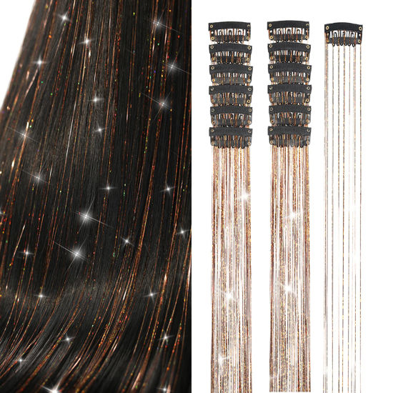 Picture of Brown Hair Tinsel 12Pcs Clip in Hair Tinsel Extensions 20.5 Inch Fairy Hair Tinsel Kit for Girls Women Kids Glitter Hair Accessories for Christmas Halloween Cosplay Party (Champagne)