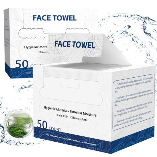 Picture of Face Towels, 10” x 12”, Face Towelettes Disposable, Extra Thick Soft and Absorbent for Sensitive Skin, Disposable Face Towel for Makeup Remover, Dry Wipes, 100 Count（2 Pack）