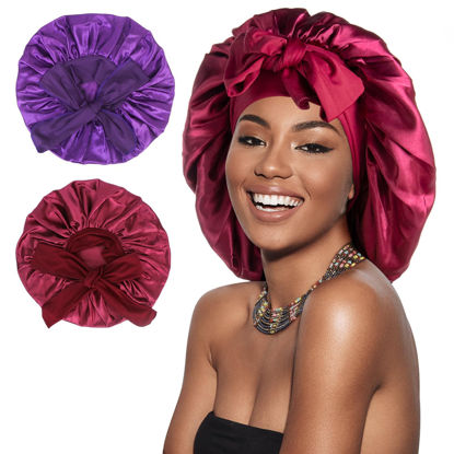 Picture of Arqumi Pack of 2 Satin Sleeping Bonnet, Large Satin Sleep Bonnet with Long Strap, Adjustable Sleep Cap Hair Bonnet for Women & Men, Purple+Red