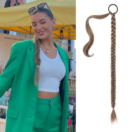 Picture of SEIKEA Long Braided Ponytail Extension with Hair Tie Straight Wrap Around Hair Extensions Ponytail Natural Soft Synthetic Hair Piece Daily Wear 26 Inch 140 Gram Dark Ash Blonde with Highlights