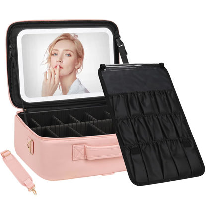 Picture of Chomeiu Makeup Bag with LED Mirror, Large Train Case for Makeup Artists, 16.2 inches Travel Professional Cosmetic Organizer with Light Up Mirror, 3 Color Lights, Brush Holder & Shoulder Strap (Pink)