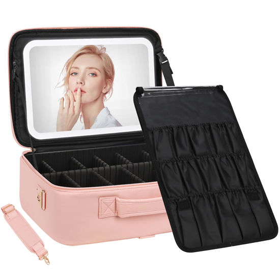 Picture of Chomeiu Makeup Bag with LED Mirror, Large Train Case for Makeup Artists, 16.2 inches Travel Professional Cosmetic Organizer with Light Up Mirror, 3 Color Lights, Brush Holder & Shoulder Strap (Pink)