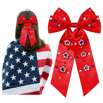 Picture of 4th of July Hair Bows for Women Silky Satin Red White and Blue Hair Bows American Flag Star Patriotic Hair Ribbon Bow Clips USA Fourth Of July Hair Accessories Outfits Gifts Party Favors (Red 4)