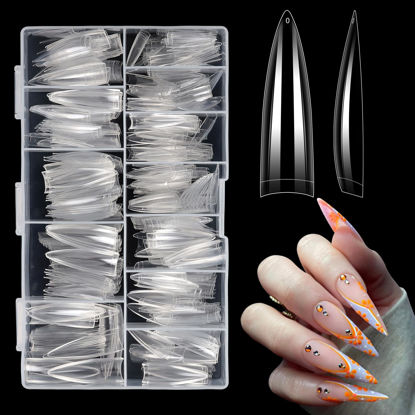 Picture of Quaferen XL Stiletto Nail Tips，504PCS No C Curve Nail Tips for Acrylic Nails, Clear Nail Tips Stiletto, Half Cover Almond Nail Tips, False Nail Extension for Nail Salons and Home DIY 12 Sizes
