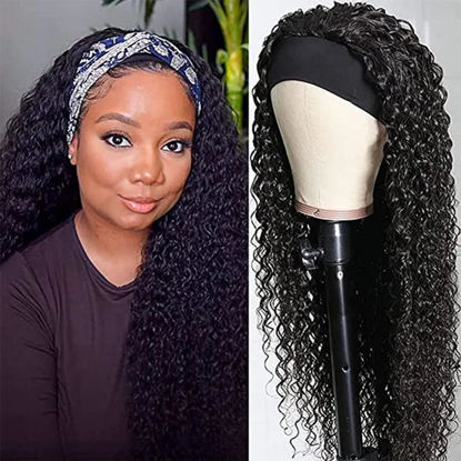 Picture of XSY Headband Wig Human Hair Deep Wave Wig Glueless Headband Wig Deep Wave None Lace Front Wigs Human Hair for Black Women 150% Density Wig Curly Hair Natural Color Long Wig 30 Inch