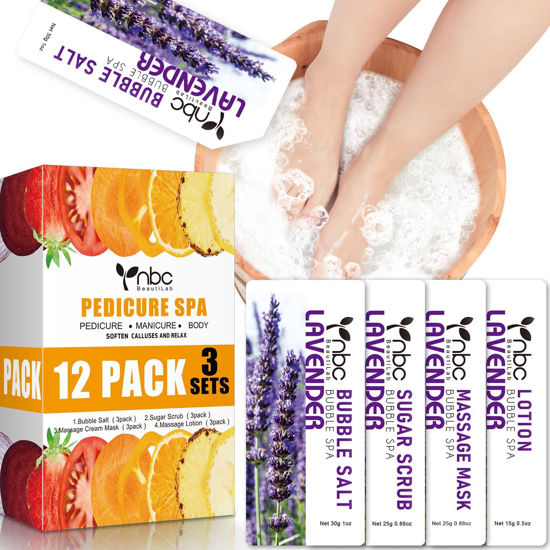 Picture of nbc BeautiLab Pedicure Kit Foot Soak Set: Bubble Salt, Sugar Scrub, Massage Mask, Massage Lotion in a Box, 4 Step Foot Spa Kit for Dry Feet, Softens Calluses, Tired Feet（3 Set Lavender)