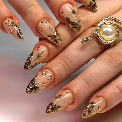 Picture of Gold French Tip Press on Nails Short Almond Fake Nails Nude False Nails With 3D Gold Irregularity Chrome Design Glue on Nails Glossy Acrylic Full Cover Star Moon Stick on Nails for Women 24Pcs