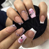 Picture of French Tip Press on Nails Valentines Heart Fake Nails Medium Square Acrylic Nails Kit with Black Pink Heart Designs Full Cover Glue on Nails Pink White French Valentine Stick on Nails for Women 24Pcs