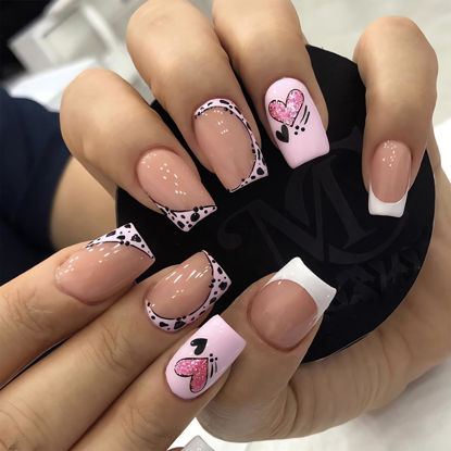 Picture of French Tip Press on Nails Valentines Heart Fake Nails Medium Square Acrylic Nails Kit with Black Pink Heart Designs Full Cover Glue on Nails Pink White French Valentine Stick on Nails for Women 24Pcs