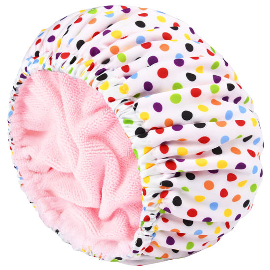 Picture of Shower Cap for Women Terry Lined Bath Cap Large Reusable Waterproof Elastic Band Pink Point Shower Caps for Long Thick Hair Soft Bath Shower Hair Caps