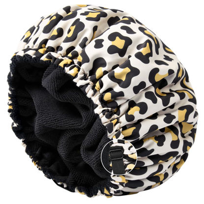 Picture of Shower Cap for Women Terry Lined Bath Cap Large Reusable Waterproof Elastic Band Leopard Shower Caps for Long Thick Hair Soft Bath Shower Hair Caps
