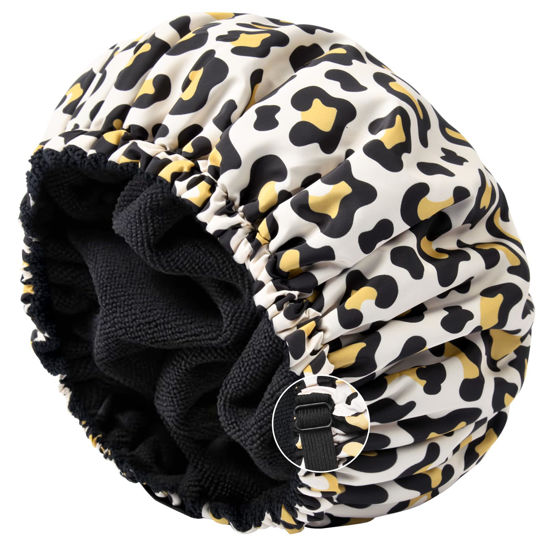 Picture of Shower Cap for Women Terry Lined Bath Cap Large Reusable Waterproof Elastic Band Leopard Shower Caps for Long Thick Hair Soft Bath Shower Hair Caps