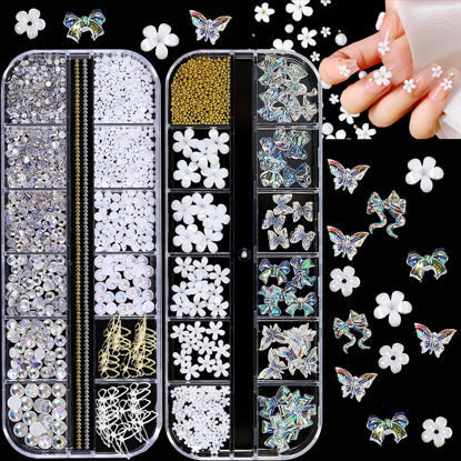 Picture of NAFIGO 3D Mix-sized Acrylic White Flowers Nail Charms Polar Butterfly Bear Spring Blossom Flower with Starry AB Crystals Rhinestones Pearls Mix Gold for Art DIY Crafting Designs