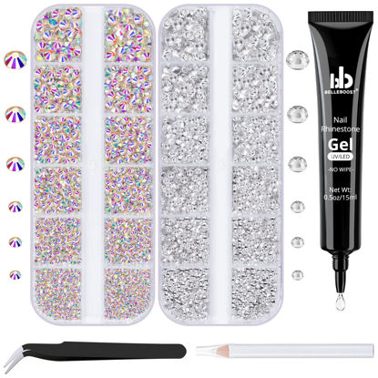 Picture of BELLEBOOST Nail Art Rhinestone Glue Gel&2 Boxes Flatback Gems Kit, 1 Tube of 15ml Rhinestone Gel Glue(UV/LED Needed)+Crystal AB Gems+Flat-Back Round Glass Clear Gemstones with Pickup Tools