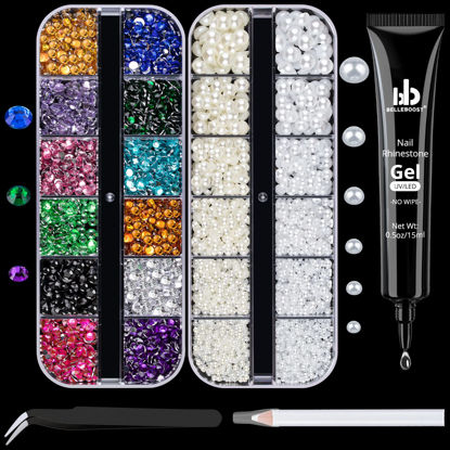 Picture of BELLEBOOST Nail Art Rhinestone Glue Gel&2 Boxes Flatback Gems Kit, 1 Tube of 15ml Rhinestone Gel Glue(UV/LED Needed)+Colorful Gems+Flat-Back Half Round White&Beige Pearls with Pickup Tools