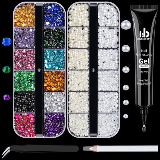 Picture of BELLEBOOST Nail Art Rhinestone Glue Gel&2 Boxes Flatback Gems Kit, 1 Tube of 15ml Rhinestone Gel Glue(UV/LED Needed)+Colorful Gems+Flat-Back Half Round White&Beige Pearls with Pickup Tools