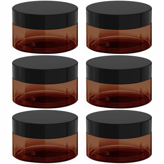 Picture of 8 oz Amber Plastic Cosmetic Jars Leak Proof Container with Black Lid for Cream, Lotion, Powder, ointment, Beauty Products etc, 6 Pcs.