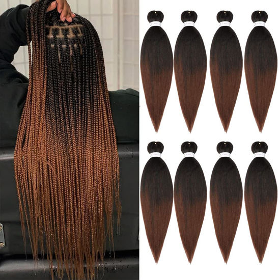 Picture of Pre-Stretched Braiding Hair Extension Ombre Natural Black To Brown Crochet Braiding Hair 20 Inch 8 Packs Hot Water Setting Professional Yaki Synthetic Hair For Twist Braids (20Inch,#1B/30)