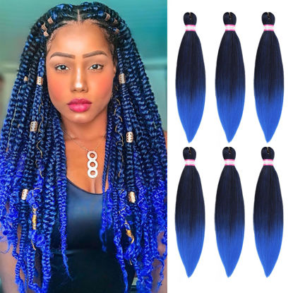 Picture of Dorsanee Ombre Blue Braiding Hair Pre Stretched 20 Inch 6 Packs Braiding Hair Extensions for Crochet Box Braids Twists Locs Hair Itch Free Soft Yaki Texture Hot Water Setting (20inch,#1B/Blue)