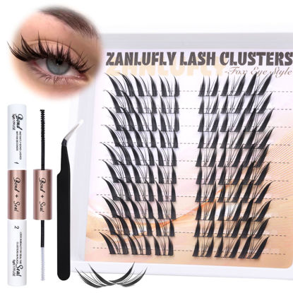 Picture of Lash Clusters Kit Fox Eye Manga Lash Extension Kit Natural Individual Lashes Kit Wispy Cat Eye DIY Eyelashes Clusters Extension Kit with Lash Bond and Seal Lash Applicator