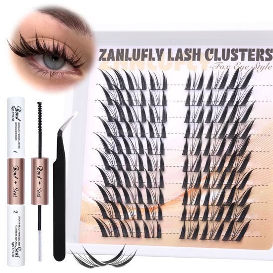 Picture of Lash Clusters Kit Fox Eye Manga Lash Extension Kit Natural Individual Lashes Kit Wispy Cat Eye DIY Eyelashes Clusters Extension Kit with Lash Bond and Seal Lash Applicator