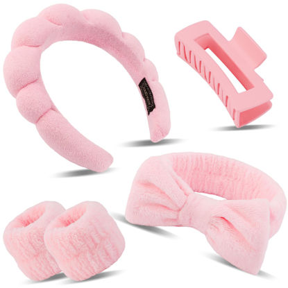 Picture of Canitor Spa Headband Wrist Bands Set with Hair Clips Skincare Headband for Washing Face Skin Care Makeup Headband Preppy Tween Teen Girl Gifts Cute Trendy Stuff Hair Accessories for Women (pink)