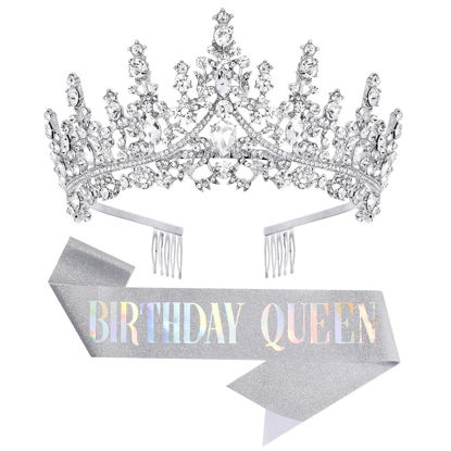 Picture of Papoopy Birthday Tiara Crown with Sash for Women, Headband Hair Accessories for Wedding Party Costume Silver