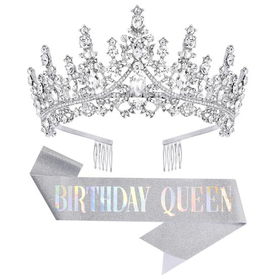 Picture of Papoopy Birthday Tiara Crown with Sash for Women, Headband Hair Accessories for Wedding Party Costume Silver