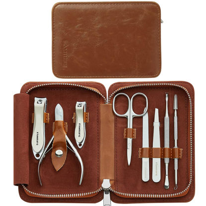 Picture of FAMILIFE Manicure Set, Nail Clippers Pedicure Tool, 8 pcs Stainless Steel Manicure Kit Professional Grooming Tool, Nail Kit with Portable Brown Leather Travel Case Luxury Gifts for Men