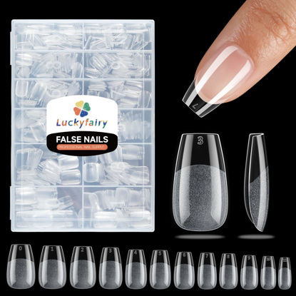 Picture of Luckyfairy Short Coffin Nail Tips, Soft Gel Pre-Shaped Acrylic Short Ballerina Fake Nails, Half Matte Full Cover Clear Press on Flase Nail Tips for Nail Extension Home DIY 360pcs/12 Sizes Gelly Tips