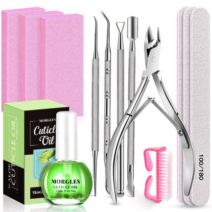 Picture of Nail Files and Buffers, MORGLES Nail Prep Kit with Emery Boards, Cuticle Remover Tools, Aloe Cuticle Oil for Manicure and Pedicure Shine Kit