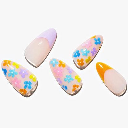 Picture of Color Press on Nails Medium French Tip Design, GLAMERMAID Nude Short Fake Nails Almond, Acrylic False Nail Kits with Flower Design, Spring Summer Stick Glue on Nails Sets, Oval Gel Nails Reusable Full Cover for Women Girls Gift