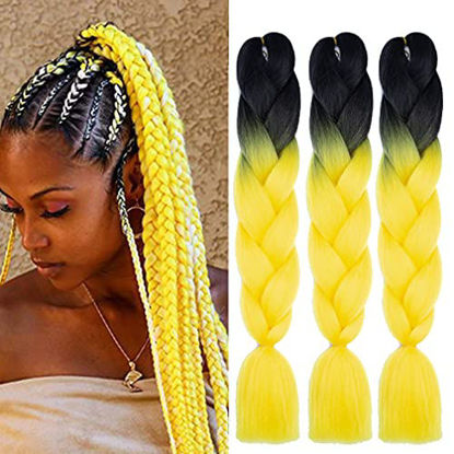 Picture of Xiaofeng Braiding Hair Extensions for Women 6 Packs 100g/Pack 24Inch High Temperature Ombre Jumbo Synthetic Braiding Hair for Twist Crochet Braids (24 Inch, black-bright yellow)
