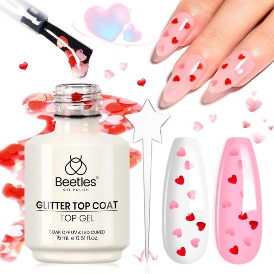 Picture of Beetles Gel Polish 15ML Clear Pink Color Gel Top Coat With Pink & Red Heart Shape Valentines Day Gift for Mom, Glass Polish Soak Off UV No Wipe Beetles Romantic Heart Glitter Top Coat for Sparkle Nail