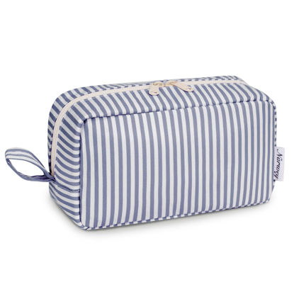 Picture of Narwey Cute Makeup Bag Small Toiletry Bag Travel Cosmetic Bag Organizer Make Up Bags with Organized Pockets for Women (Greyish Blue Stripe, Large)