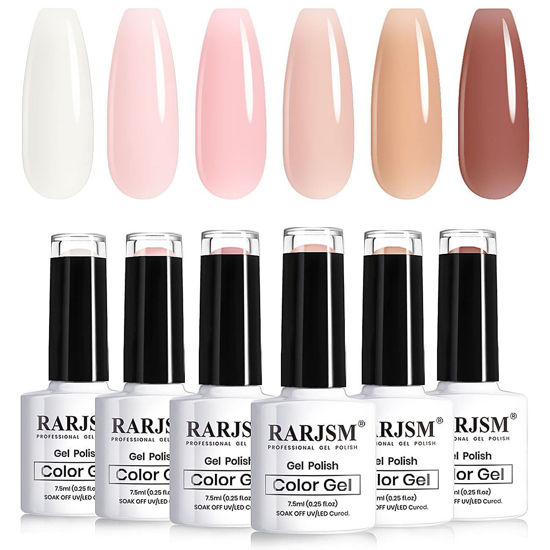 Picture of RARJSM Nude Sheer Jelly Pink Gel Nail Polish Set of 6 Transparent Colors LED UV Gel Soak Off Clear Taffy Brown Milky White French Manicure Nail Gel Polish Varnish Curing Requires 7.5ml for Home Salon