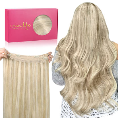 Picture of WENNALIFE Wire Hair Extensions (Increase 50% Lifespan) Real Human Hair 22 inch 150g Dirty Blonde Highlighted Bleach Blonde Remy Real Hair Extensions Invisible Wire Hair Extensions Human Hair Fish Line