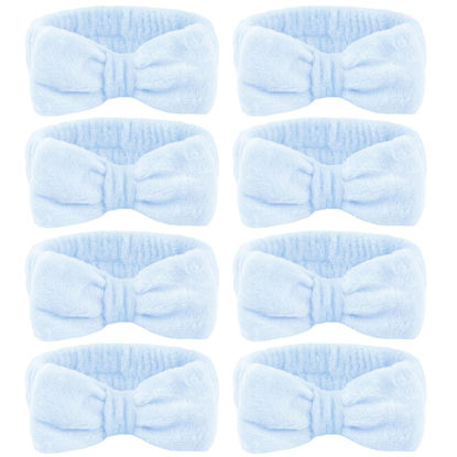 Picture of Ondder 8 Pcs Blue Spa Headband Makeup Headband Fuzzy Skincare Headbands Terry Cloth Face Wash Headband Head Band for Skin Care Make Up Headbands for Women Makeup Bow Hair Band for Washing Face