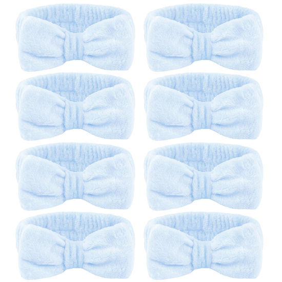 Picture of Ondder 8 Pcs Blue Spa Headband Makeup Headband Fuzzy Skincare Headbands Terry Cloth Face Wash Headband Head Band for Skin Care Make Up Headbands for Women Makeup Bow Hair Band for Washing Face