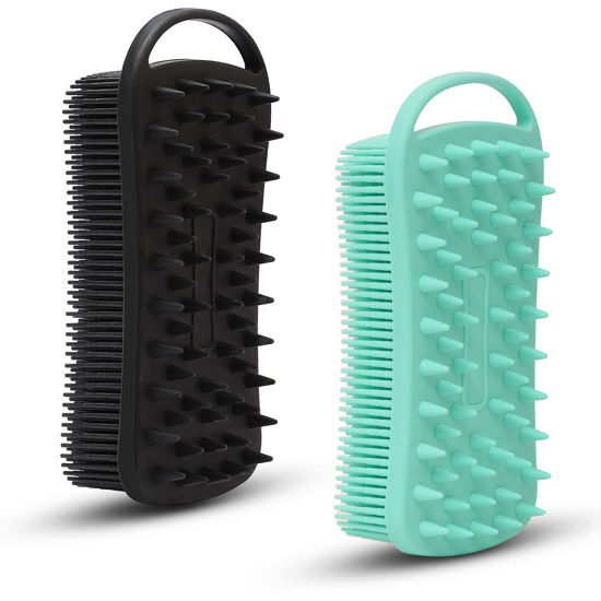 Picture of 2 PC Silicone Exfoliating Body Scrubber, 2 in 1 Silicone Body Shampoo Brush, Soft Silicone Loofah for Sensitive Skin, Shower Silicone Hair Scalp Massager, Easy to Clean, Lather Well (Black&Green)