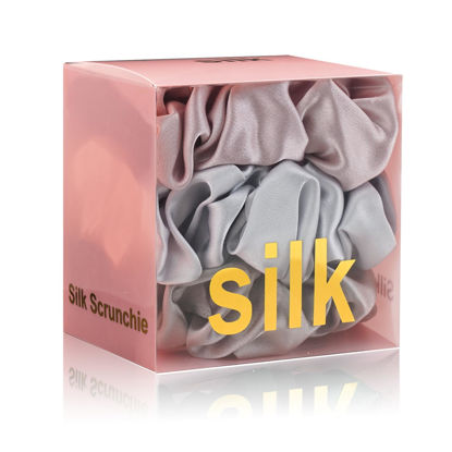 Picture of Silk Scrunchies for Hair 100% Mulberry Silk Hair Ties（Silver gray, Dark gray, Pink）