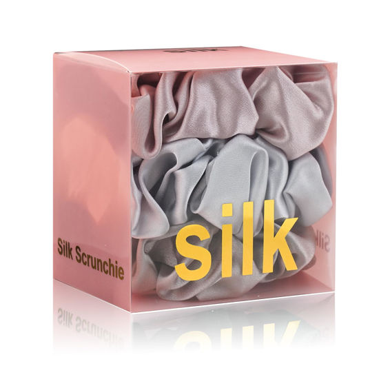 Picture of Silk Scrunchies for Hair 100% Mulberry Silk Hair Ties（Silver gray, Dark gray, Pink）