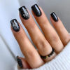 Picture of Christmas Press on Nails Short Square Fake Nails with Snowflake Designs Acrylic Nails Press ons Glossy Glue on Nails Christmas False Nails Black Full Cover Artificial Stick on Nails for Women 24Pcs