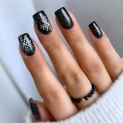 Picture of Christmas Press on Nails Short Square Fake Nails with Snowflake Designs Acrylic Nails Press ons Glossy Glue on Nails Christmas False Nails Black Full Cover Artificial Stick on Nails for Women 24Pcs