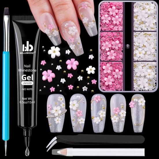 Picture of 3D Flowers, Manicure Kit with Nail Rhinestone Glue Gel, White Pink Acrylic Flower Nail Charms with Caviar Beads, Rhinestones for Nails + Gem Glue for Nails (UV/LED Needed) with Dotting & Pickup Tools