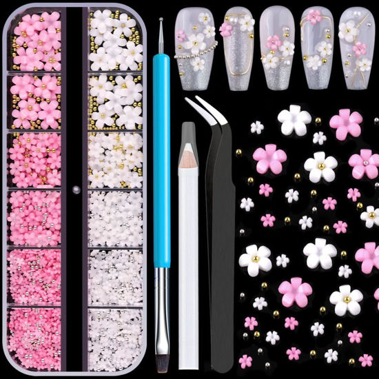 Picture of 3D Nail Flowers Charms, White Pink Acrylic Flower with Caviar Beads, Rhinestones for Nails 3D Nail Charms for Acrylic Nails for Manicure Salon DIY Nail Art Decor with Pickup & Dotting Tools