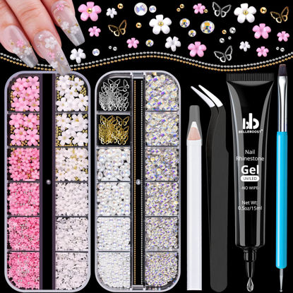 Picture of 3D Nail Charms, Manicure Kit with Nail Rhinestone Glue Gel (UV Curing), Butterfly White Pink Flower Starry AB Gems Caviar Beads Half Round Pearl & Flatback Glass AB + Clear Gems with Dotting Tools