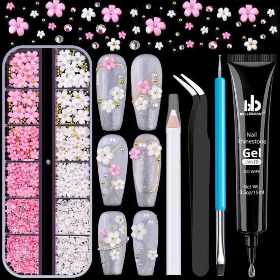 Picture of 3D Flowers Manicure Gems with Nail Rhinestone Glue Gel, White Pink Acrylic Flower Nail Charms with Caviar Beads, Rhinestones for Nails with Gem Glue for Nails (UV/LED Needed) with Dotting Tools