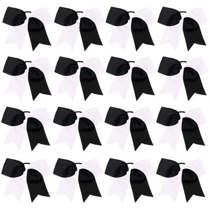 Picture of 16PCS 8" Large Cheer Hair Bows Ponytail Holder Elastic Band Handmade for Cheerleading Teen Girls College Sports (White/Black, 16 Count (Pack of 1))